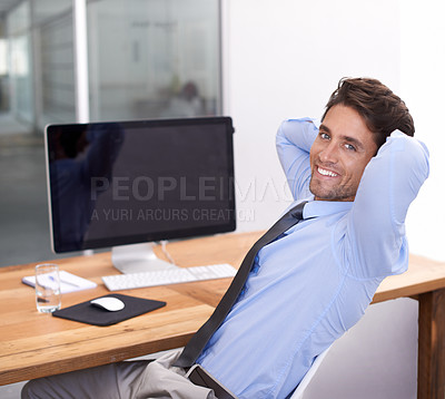 Buy stock photo Business man, portrait and relax by computer screen, network and feedback on break in workplace. Male professional, technology and face for connection, smile and online research by mockup space