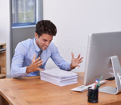 Buy stock photo Business man, stress and paperwork in office, angry and mistake with documents or crisis and fail. Businessperson, professional and frustrated with reports or proposal, review and mental health