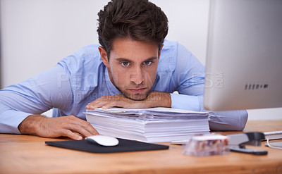 Buy stock photo Businessman, documents and stress at desk in office with burnout, mental health and deadline. Entrepreneur, person and frustrated with paperwork at workplace for overwork, anxiety and career fail