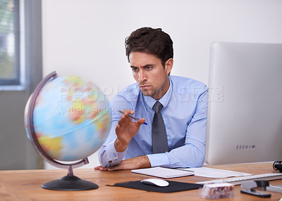 Buy stock photo Travel, planning or businessman spinning earth for worldwide destination for trip in office. Notes, location or professional agent with map of planet for geography or international journey choice