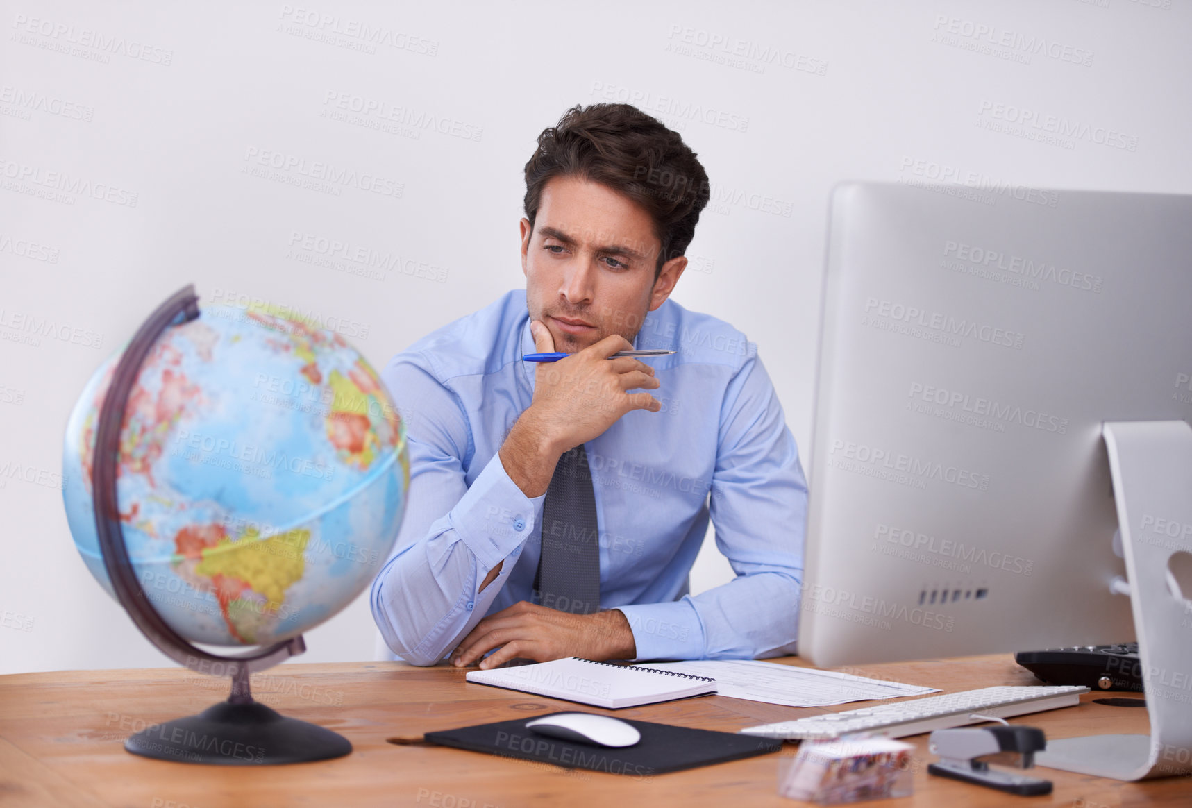 Buy stock photo Thinking, earth or businessman with travel ideas or worldwide destination choice in office. Writing notes, brainstorming or professional agent with map of planet for geography or international trip