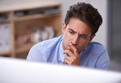 Buy stock photo Business man in office, thinking and reading on computer, lawyer busy with case research, review and analysis. Professional, workflow and productivity with attorney in workplace, expert and solution