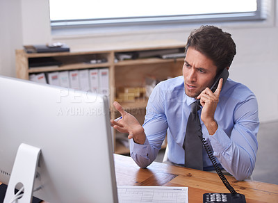 Buy stock photo Business man, phone call and stress on landline in workplace, contact and consulting or networking. Male professional, frustrated and communication or discussion, technology and confusion for info