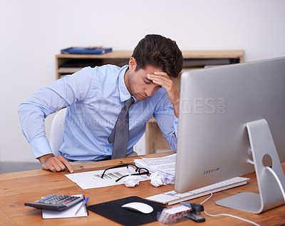 Buy stock photo Tired, business man and headache with law paperwork from corporate career in office. Anxiety, lawyer deadline and burnout of a male professional with notes, contracts and report with fatigue