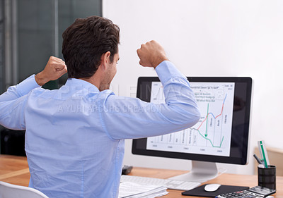 Buy stock photo Businessman, celebration or computer for stock market success with profit, reward or online bonus. Yes, happy or trader with fist pump for achievement, goals or winning on investment graphs or charts