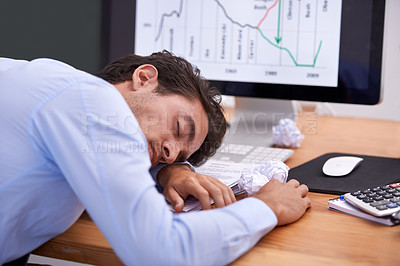 Buy stock photo Business man, sleeping and accountant or tired at desk, professional and dream in workplace. Businessperson, nap and exhausted in office or rest, computer screen and stress for stock market or lazy