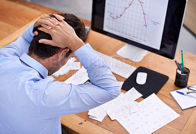 Buy stock photo Business man, trader with burnout and tired at work, stress about job and graphs on screen. Stock market crash, headache and pressure with crisis or disaster in trading with numbers or stats fail