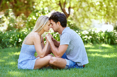 Buy stock photo Couple, forehead touch and relax in park with love and commitment in healthy relationship. People on a date outdoor, peace and mindfulness with trust, partner and bonding together for marriage