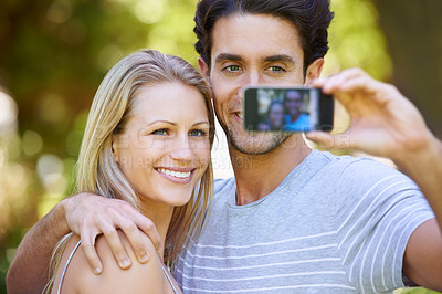 Buy stock photo Selfie, photography or happy couple on social media in park to relax together on holiday vacation. Hug, woman or man in a picture or photo for bonding with love, support or smile on an online post