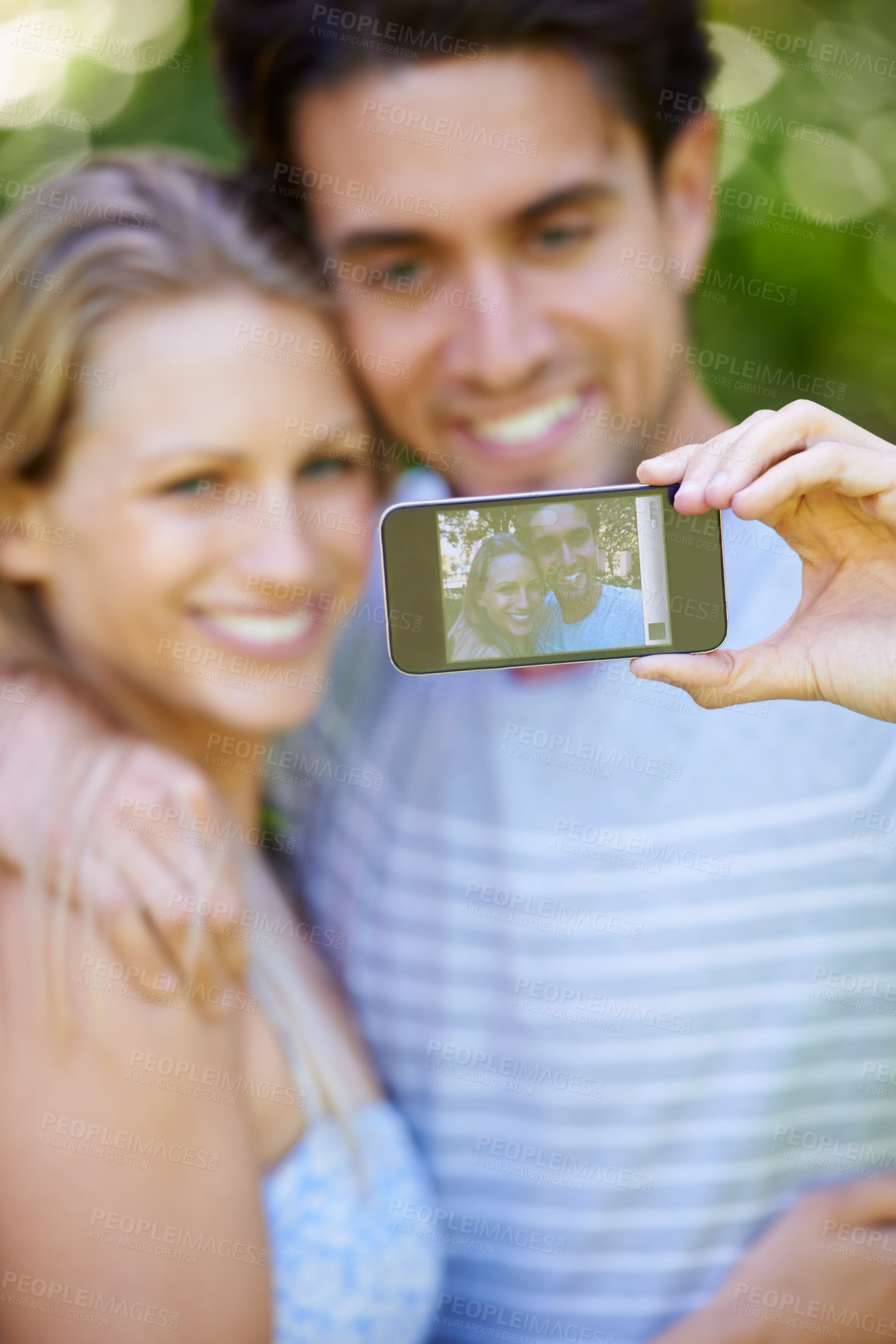 Buy stock photo Selfie, photography or happy couple on social media in nature to relax together on holiday vacation. Smile, woman or man in picture or photo for bonding with love, support or hug on an online post