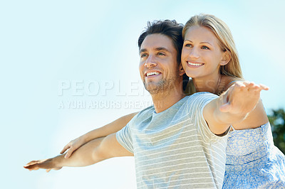 Buy stock photo Relax, airplane or happy couple in park on date for support or love in summer in nature together. Sky space, romantic man or woman with smile on outdoor holiday vacation for bond, travel or wellness