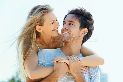 Buy stock photo Relax, love or happy couple hug on outdoor date for support or care in summer in nature together. Eye contact, romantic man or woman with smile or joy on holiday vacation for bond, travel or wellness