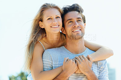Buy stock photo Thinking, love or happy couple hug on outdoor date for support or love in summer in nature together. Relax, romantic man or woman with smile or joy on holiday vacation for bond, travel or wellness
