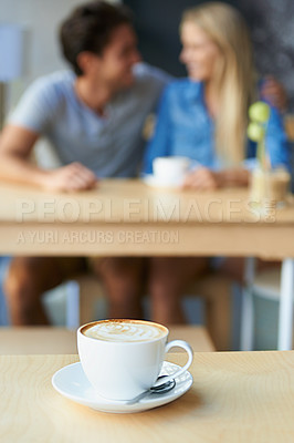 Buy stock photo Coffee, cafe or blur of couple on date talking or speaking of anniversary celebration on holiday vacation. Tea drink, woman or romantic man in conversation for care, love or support together to relax
