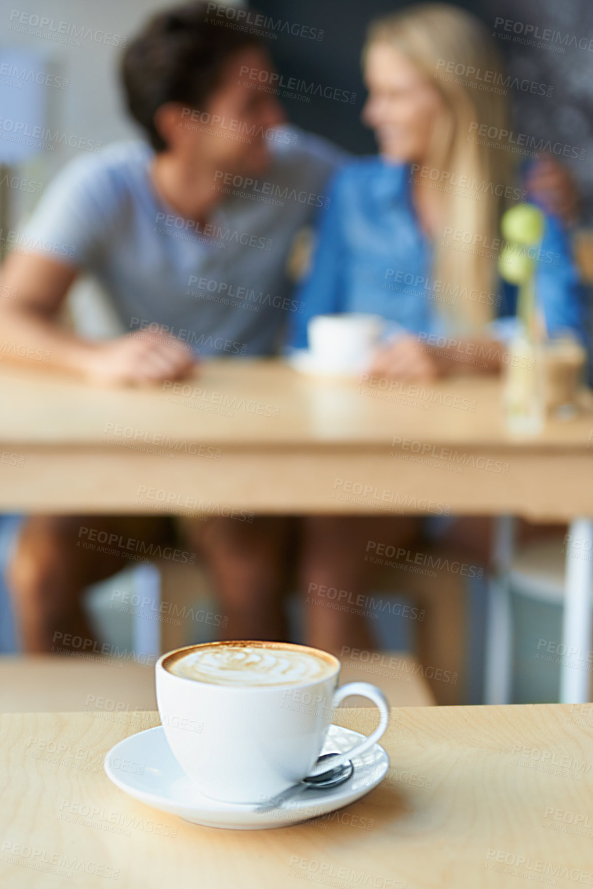 Buy stock photo Coffee, cafe or blur of couple on date talking or speaking of anniversary celebration on holiday vacation. Tea drink, woman or romantic man in conversation for care, love or support together to relax