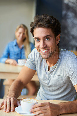 Buy stock photo Portrait, flirting or happy man in cafe with a coffee to relax with smile, morning espresso or crush. Face, romance or male person with tea, cappuccino or woman with love, peace or calm in restaurant