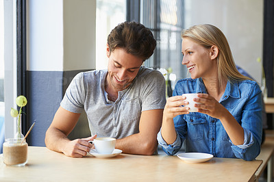 Buy stock photo Coffee, cafe or happy couple laughing on date talking or speaking of anniversary on holiday vacation. Tea drink, woman or romantic man in conversation for care, love or support together to relax