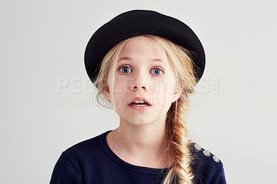 Buy stock photo Portrait, shock and child with announcement of gossip, fake news and secret in studio mockup. Fashion, face and young girl with surprise with omg emoji expression and notification by white background