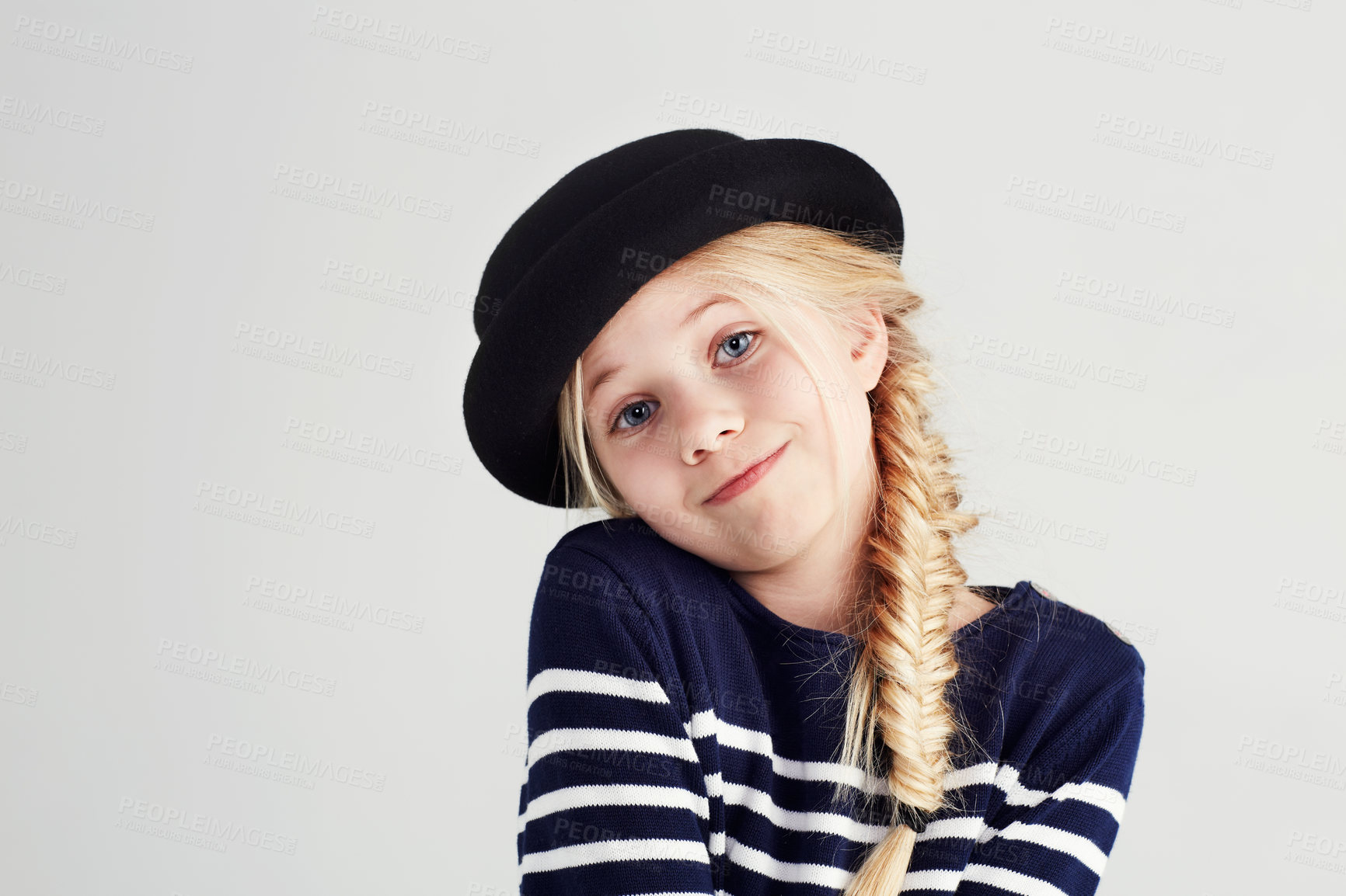 Buy stock photo Fashion, smile and portrait of child in a studio with casual, cool and stylish outfit and hat. Happy, youth and young girl kid with positive, good and confident attitude for style by white background