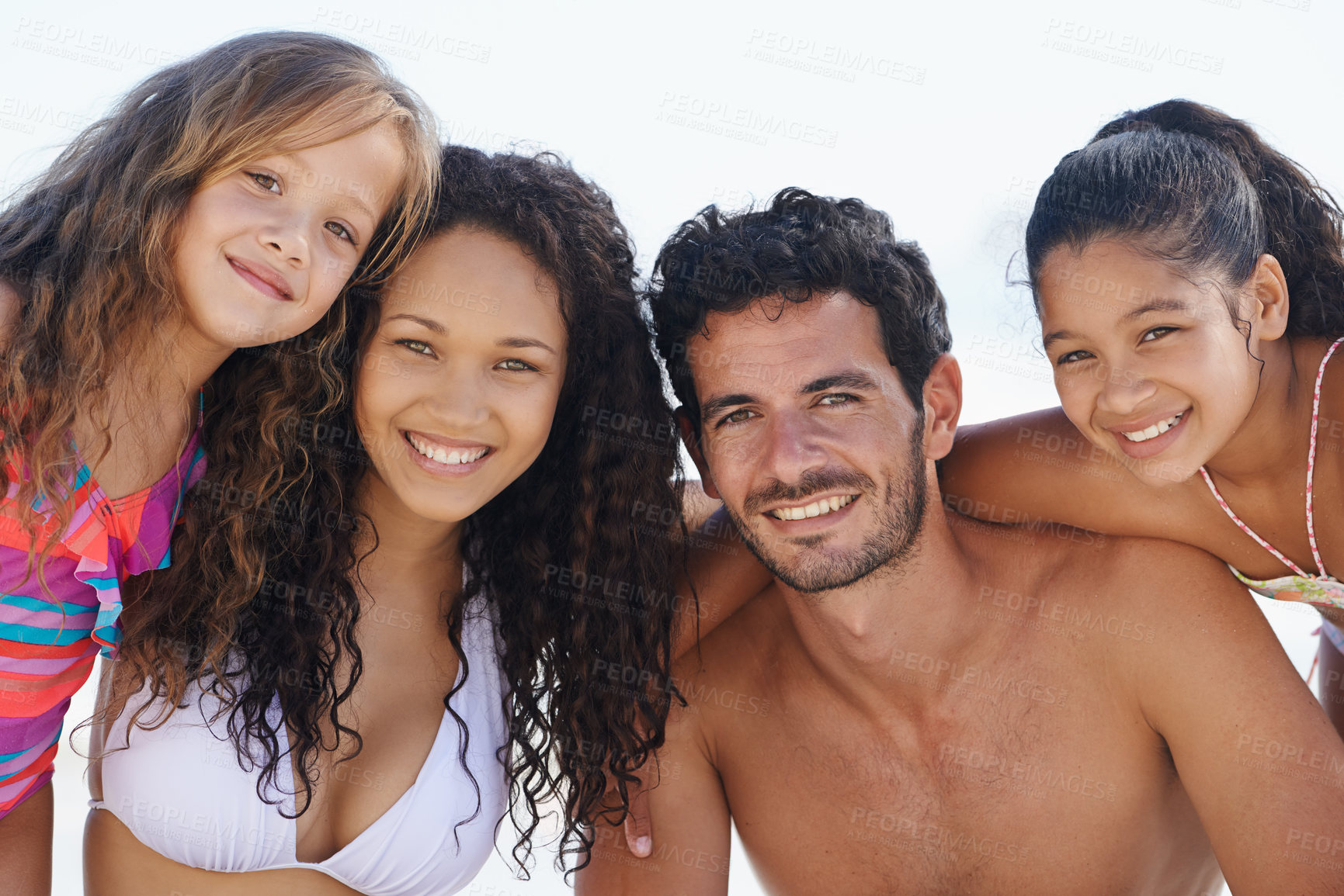 Buy stock photo Family in portrait, parents and kids on beach, happy together on tropical summer vacation for bonding and love. Man, woman and children outdoor, holiday in Brazil for sun and travel with adventure