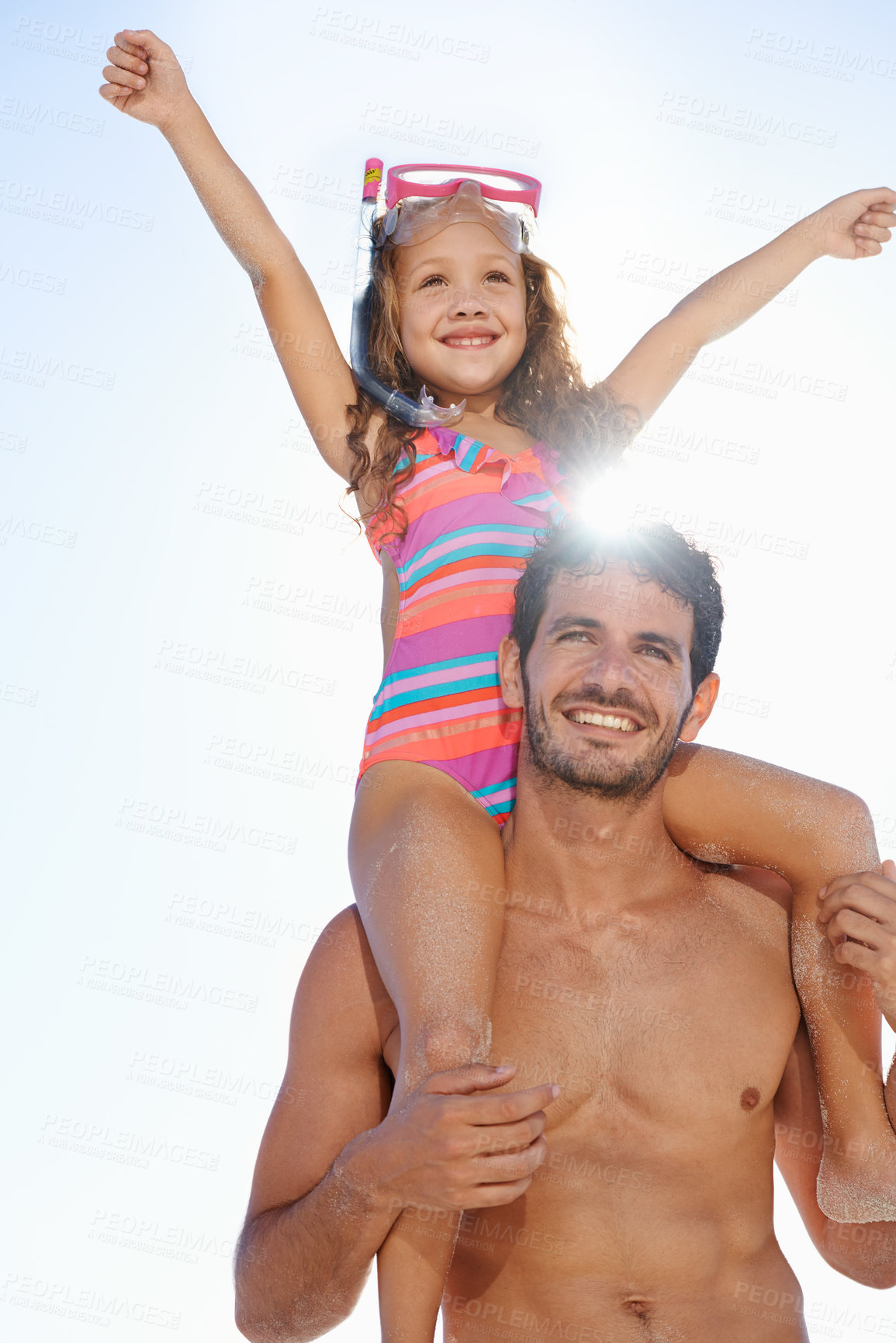 Buy stock photo Happy father, girl and piggyback at beach for summer holiday, weekend or vacation together. Dad carrying child, kid or daughter on shoulders in the sun for fun day by the ocean or outdoor nature