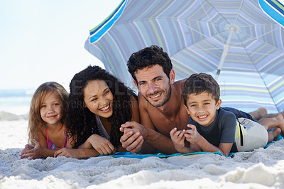 Buy stock photo Parents, children and happy in portrait on beach, summer vacation with family, bonding and love. People outdoor, holiday in Brazil with sand and sun, fun with smile for travel and adventure together
