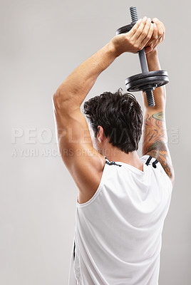 Buy stock photo Fitness, overhead or man in dumbbell workout or training for wellness in studio on grey background. Strong athlete, skullcrusher or back of bodybuilding exercise for power, body challenge or weights