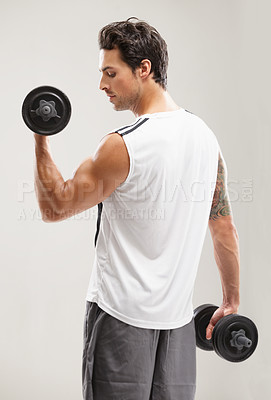 Buy stock photo Fitness, back or man in dumbbell workout or training for wellness in studio on grey background. Strong male athlete, curl or bodybuilding exercise for power, body challenge or weights for performance