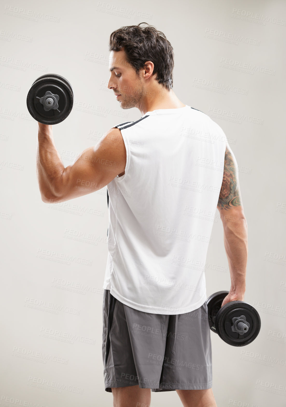 Buy stock photo Fitness, back or athlete in dumbbell workout or training for wellness in studio on grey background. Strong man, model or bodybuilding exercise for power, body challenge or weights with bicep curls