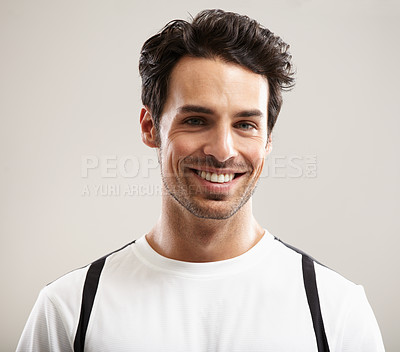 Buy stock photo Smile, portrait or athlete in studio for fitness workout, sports exercise or healthy wellness. Mockup space, grey background or happy man ready to start training with confidence, discipline or pride