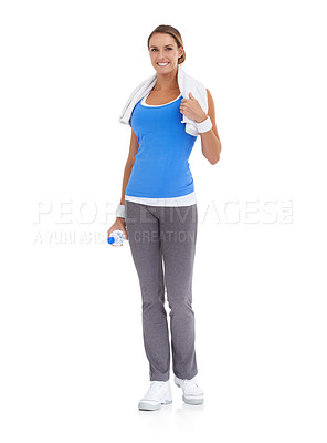 Buy stock photo Water bottle, happy and portrait of woman in studio on break for exercise, training or workout. Smile, sports and young female person with hydration drink for fitness isolated by white background.