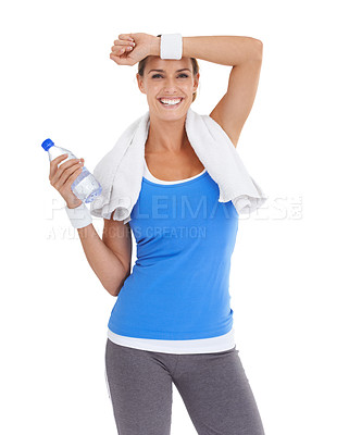 Buy stock photo Water bottle, sports and portrait of woman in studio on break for exercise, training or workout. Smile, fitness and happy young female person with hydration drink for weight loss by white background.