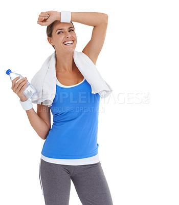 Buy stock photo Water bottle, fitness and young woman in studio on break for exercise, training or workout. Smile, sports and happy female person with hydration drink for weight loss isolated by white background.