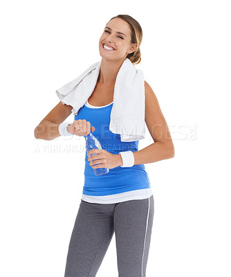 Buy stock photo Water bottle, fitness and portrait of woman in studio on break for exercise, training or workout. Smile, sports and happy young female person with hydration drink for weight loss by white background.