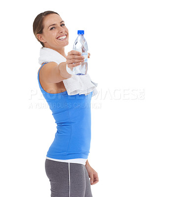 Buy stock photo Woman, workout portrait and water bottle in studio for health, wellness and training on a white background. Happy person or sports model giving liquid for gym energy, fitness and exercise challenge