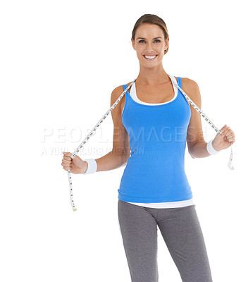 Buy stock photo Woman, portrait and measure tape in studio for fitness, weight loss or health results with training progress. Happy model or active person with exercise, gym or workout diet on a white background