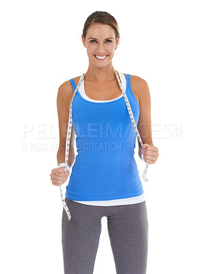 Buy stock photo Fitness, measuring tape and portrait of woman in a studio for exercise, training or workout. Sports, smile and young happy female person with equipment for weight loss isolated by white background.