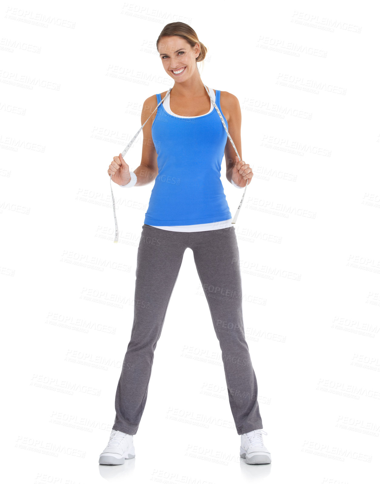 Buy stock photo Fitness, measuring tape and portrait of woman in a studio for exercise, training or workout. Sports, smile and young happy female person with equipment for weight loss isolated by white background.