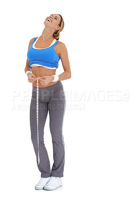 Buy stock photo Fitness, measuring tape and portrait of woman in a studio for exercise, training or workout. Sports, laugh and young happy female person with equipment for weight loss isolated by white background.