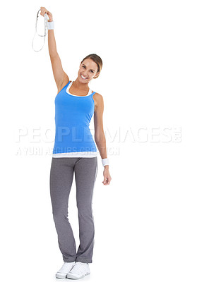 Buy stock photo Measuring tape, portrait and woman in studio for weight loss exercise, training or workout. Smile, equipment and happy young female person for slim fitness or sports isolated by white background.