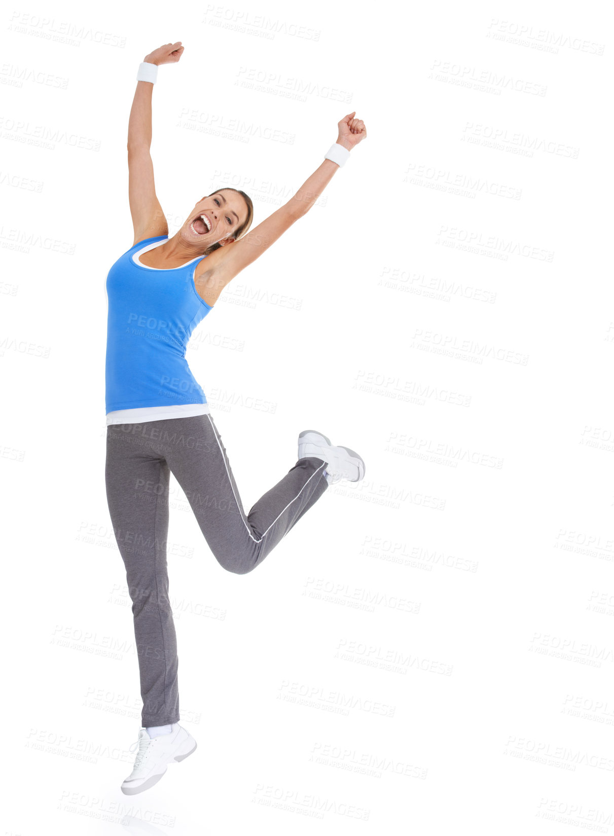 Buy stock photo Woman, fitness celebration and yes in studio for exercise, workout achievement and body goals or dance. Sports model with fist, energy or surprise portrait for training results on a white background