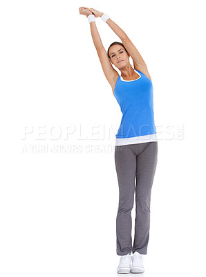 Buy stock photo Woman, portrait and stretching body in fitness isolated on a white studio background. Female person or athlete in warm up or stretch getting ready for workout, exercise or training on mockup space
