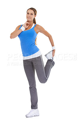 Buy stock photo Sports, pulse and portrait of woman stretching in studio for leg exercise, training or workout. Fitness, health and young female person with muscle warm up for wellness activity by white background.