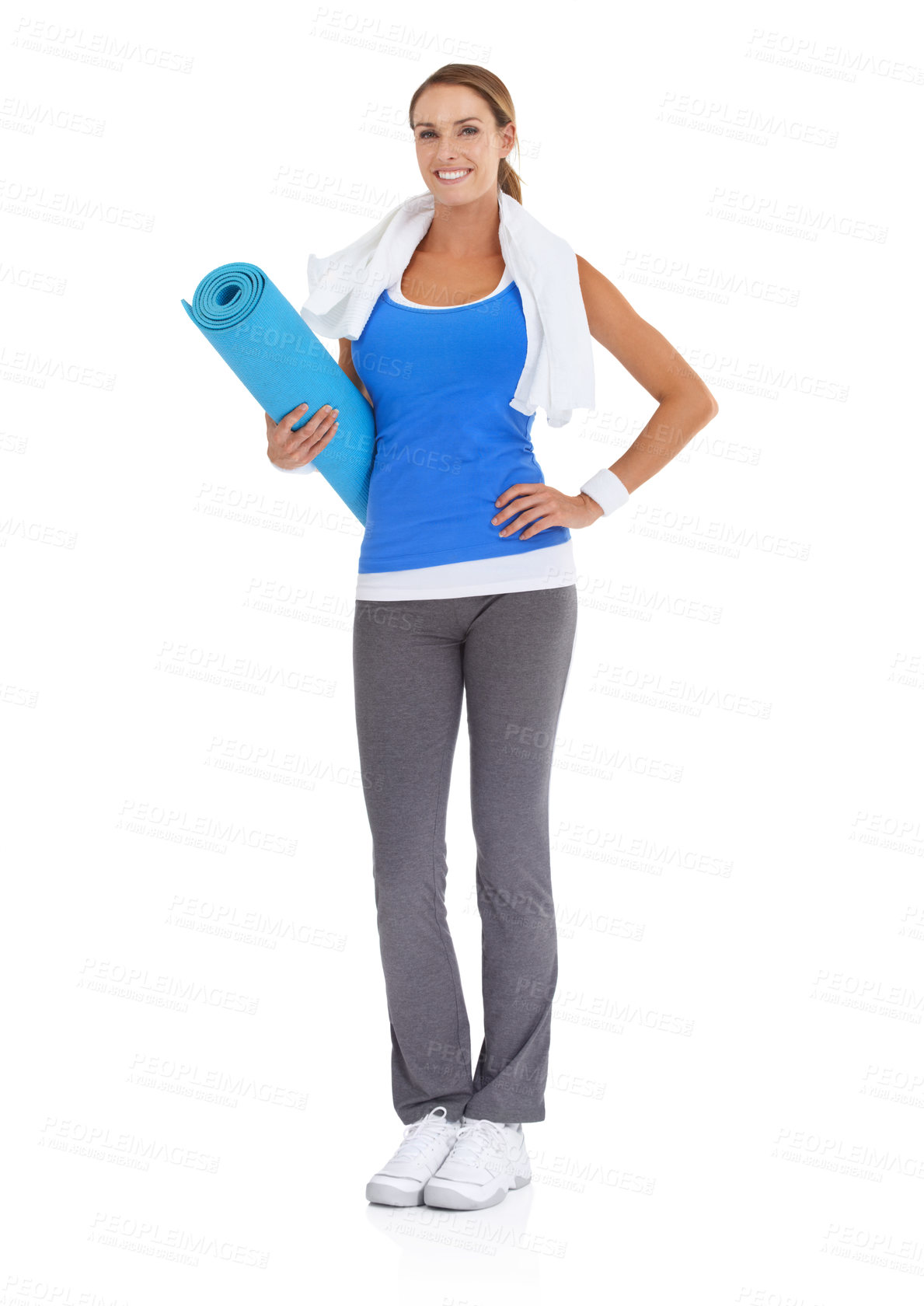 Buy stock photo Yoga mat, sports and portrait of woman in studio for health, body or pilates workout. Fitness, towel and happy young female person with equipment for exercise or training isolated by white background