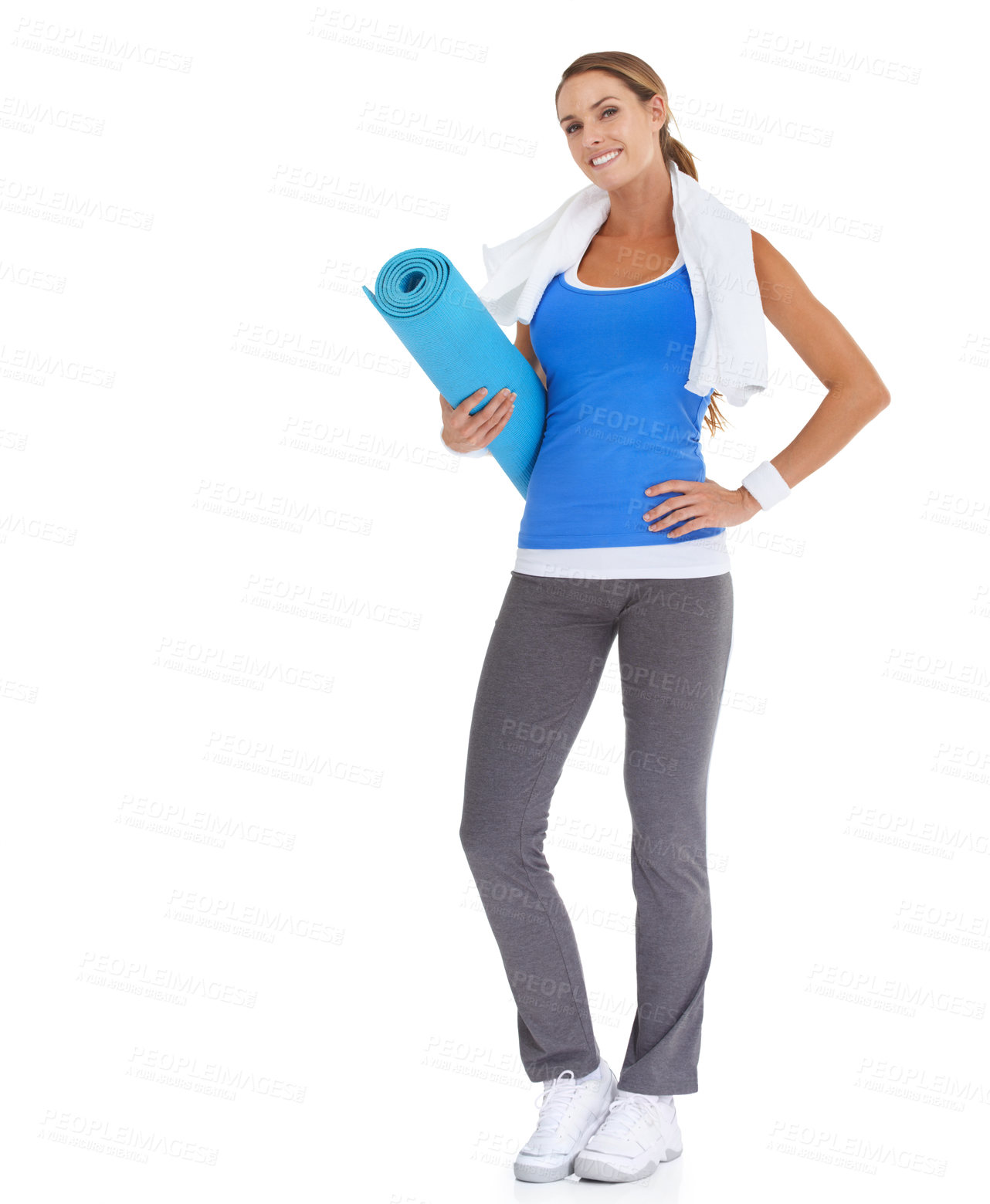 Buy stock photo Yoga mat, fitness and portrait of woman in studio for health, body or pilates workout. Sports, towel and happy young female person with equipment for exercise or training isolated by white background