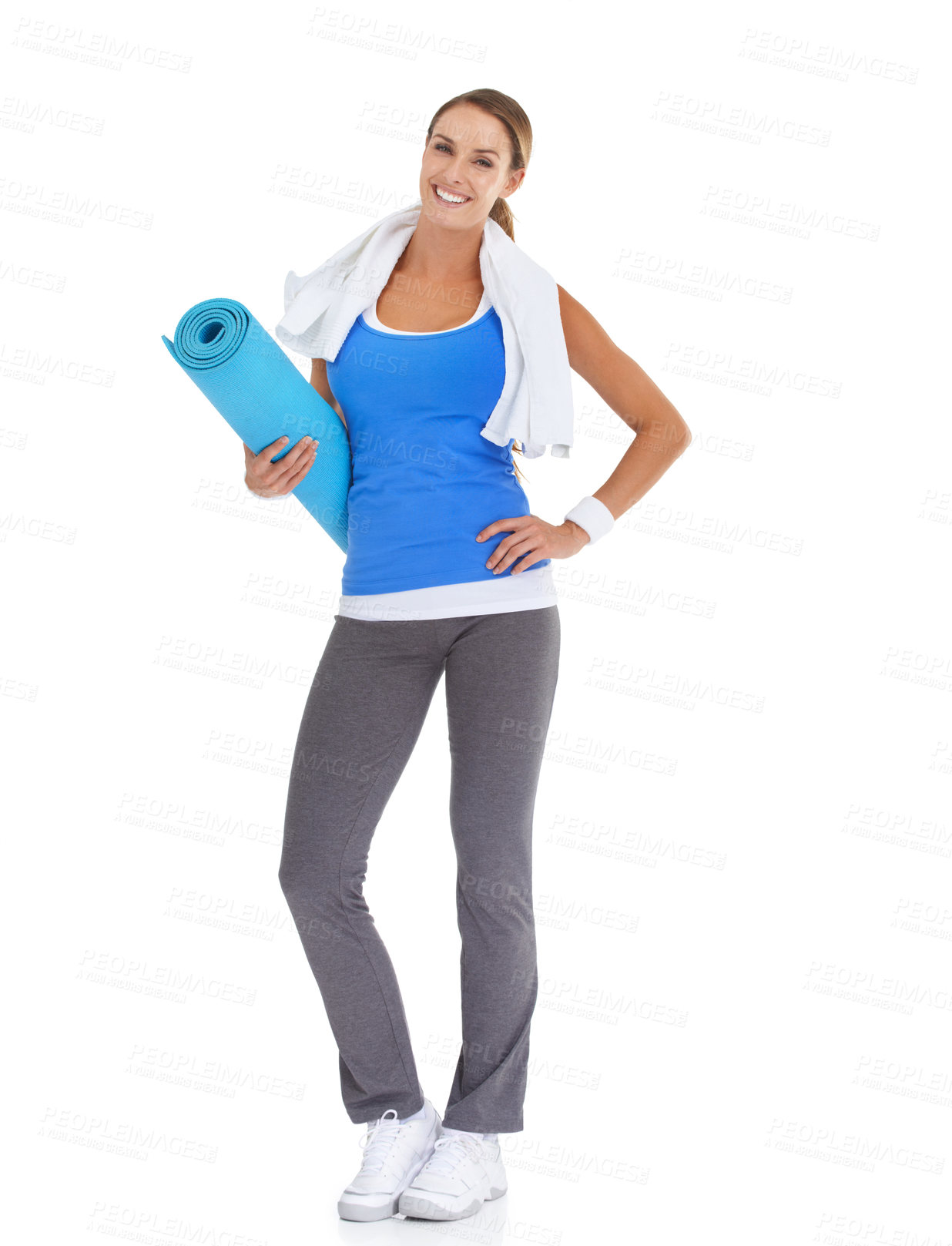 Buy stock photo Yoga mat, health and portrait of woman in studio for health, body or pilates workout. Sports, towel and happy young female person with equipment for exercise or training isolated by white background.