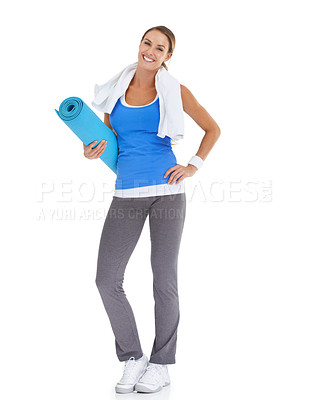 Buy stock photo Fit young woman holding a pilates mat with a smile - isolated on white