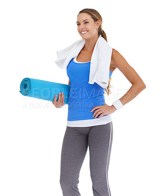 Buy stock photo Yoga mat, health and young woman in studio for health, body or pilates workout. Sports, towel and portrait of happy female person with equipment for exercise or training isolated by white background.