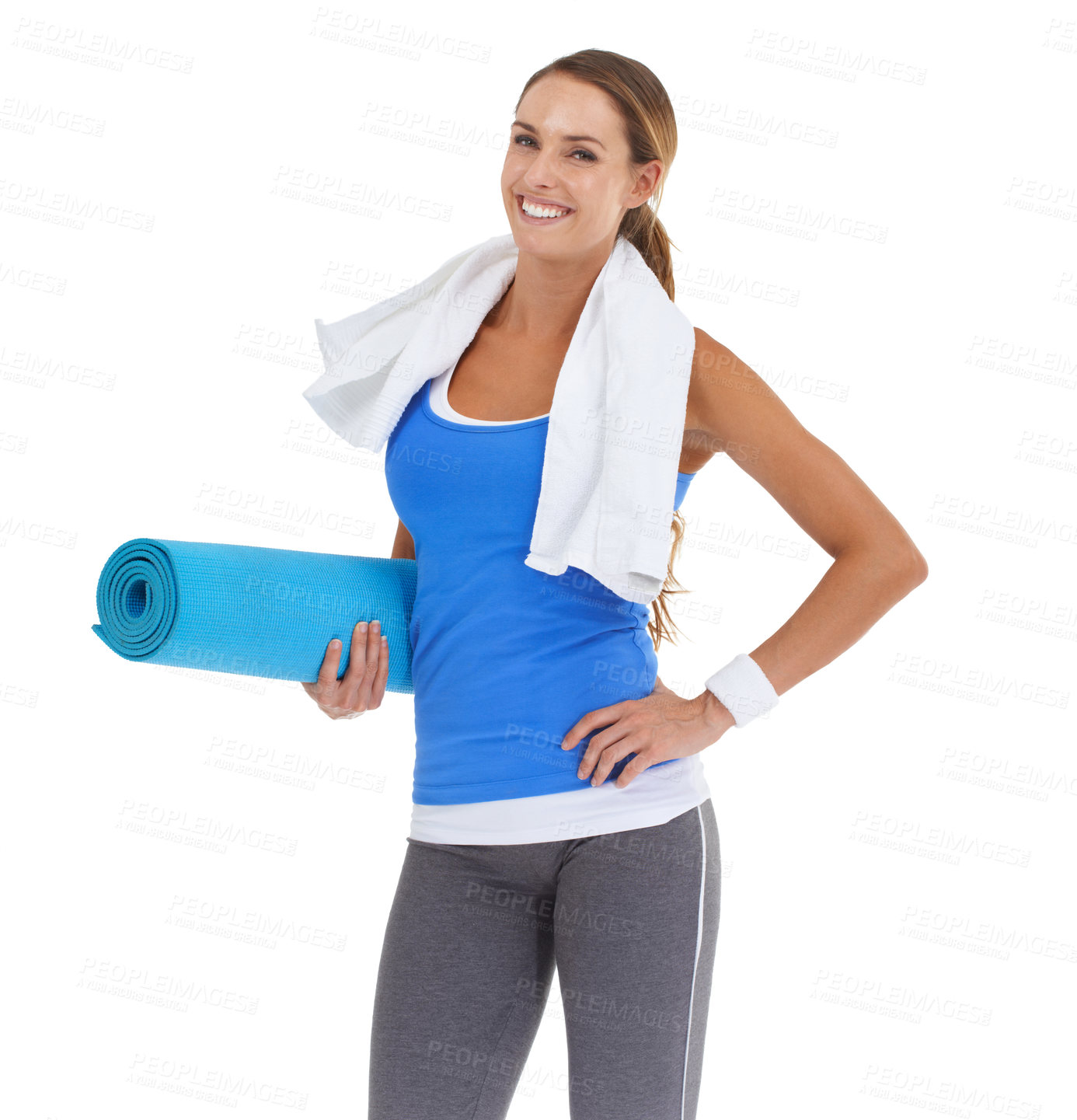 Buy stock photo Yoga mat, fitness and portrait of woman in studio for health, body or pilates workout. Sports, towel and happy young female person with equipment for exercise or training isolated by white background