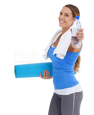 Buy stock photo Yoga mat, water and portrait of woman in studio for exercise, training or workout. Happy, equipment and young female person with hydration drink for fitness or sports isolated by white background.